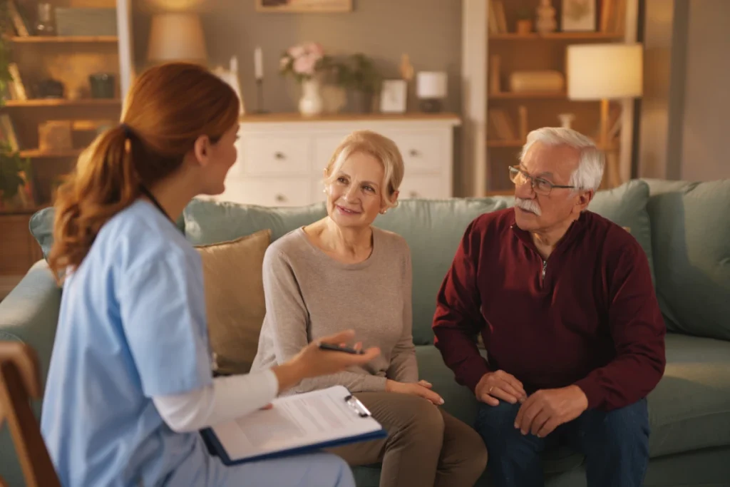 Seniors sitting and talking with team member